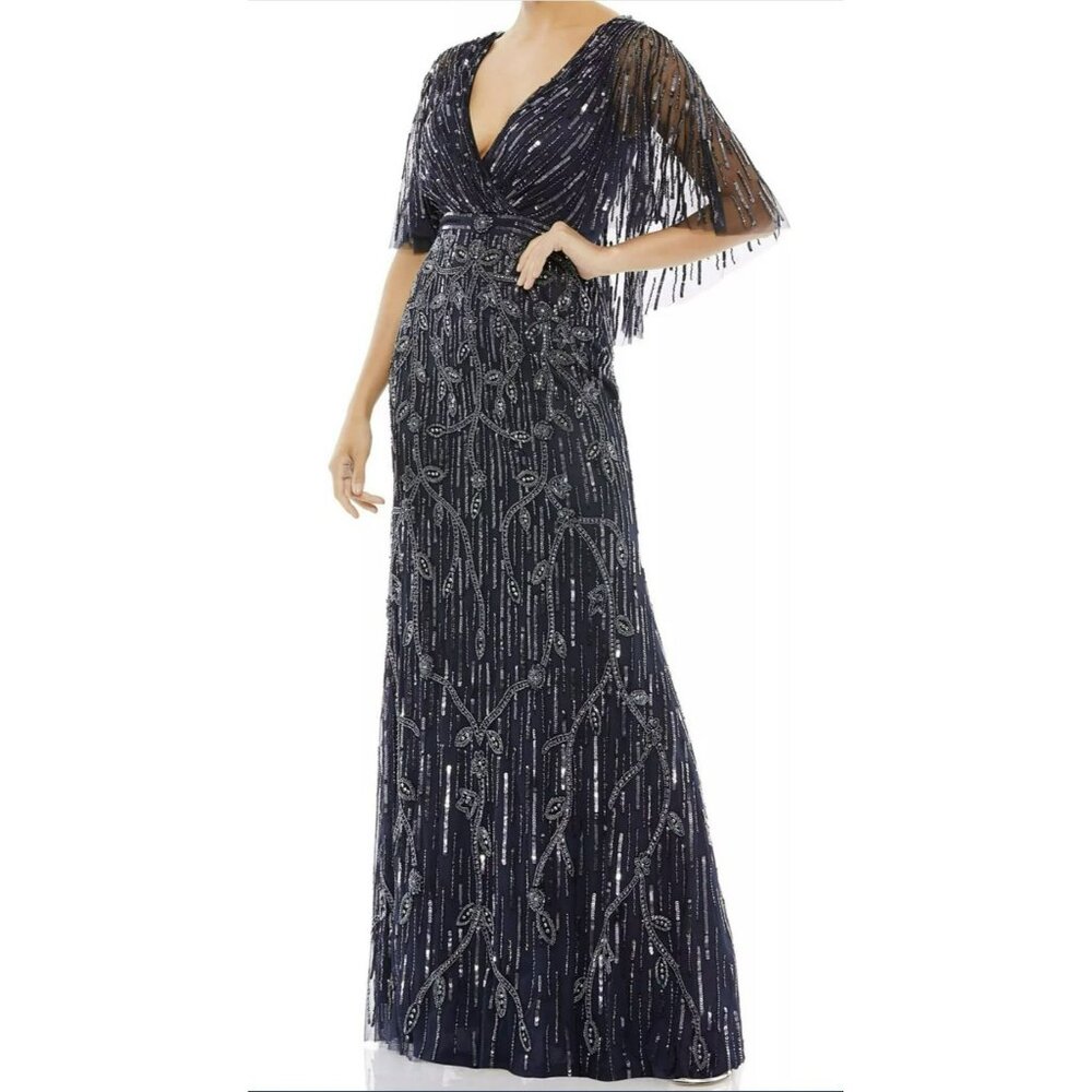 Mac Duggal 9064 Sequin Beaded Cape-Sleeve Formal Gown Sz 10 New